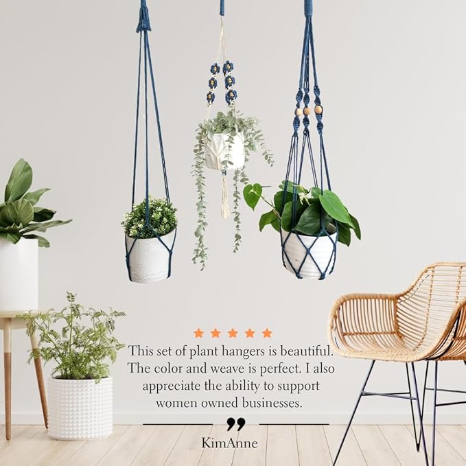 Set of 3 Macrame plant hangers with Daisies & Beads Hanging plant holder Macrame Plant hangers outdoor and indoor hanging planters Plant stand indoor Boho Decor hanging planter stand (Peacock Blue)