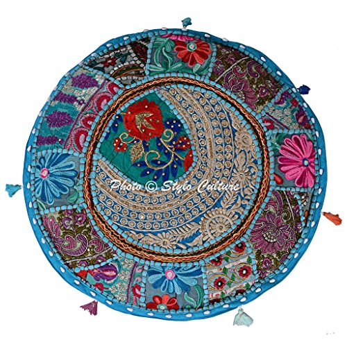 Indian Cotton Patchwork Embroidered 18" Pouf Ottoman Cover Round Turquoise Floral Furniture 45cm Footstool Floor Cushion Ethnic Decor Bean Bag Living Room - color: Turquoise