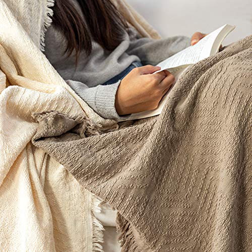 GLORY SEASON 100% Cotton Throw Blanket in Cream Jacqard Weave Fabric with Fringe Soft All Season Cover for Bed Couch and Living Room Sofa,Chair 50x60 Inches - color: Cream