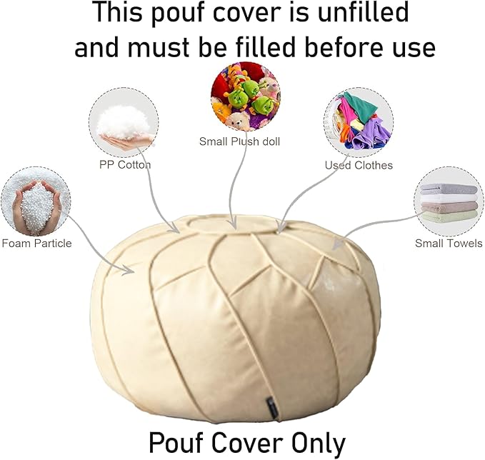 Louis Donné Unstuffed Pouf Ottoman Cover, Round Handmade Waterproof Faux Leather Foot Stool Ottoman, Storage Bean Bag Floor Chair, Footstool for Living Room Kids Room or Bedroom ONLY Cover(Off-White)