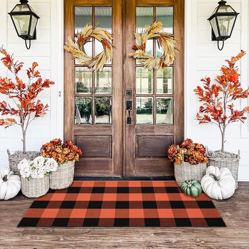 Orange and Black Plaid Rug, 24'' x 51'' Fall Outdoor Front Door Decor Mat, Cotton Washable Hand-Woven Rug for Layered Doormat, Autumn Halloween Thanksgiving Carpet for Porch, Entryway - color: Orange & Black Plaid, size: 2' x 4'3" (Rectangular)