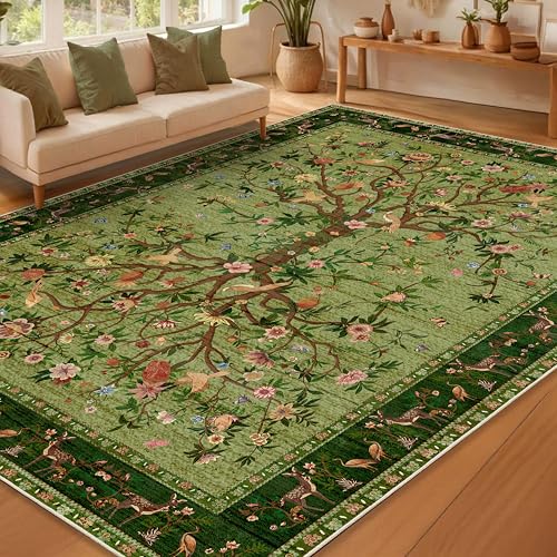 Green 8x10 Area Rugs, Machine Washable Non-Slip Rug, Boho Floral Botanical Soft Low Pile Throw Rugs for Living Room, Bedroom, Dining Room, Office - color: Green, size: 10' x 8' (Rectangular)