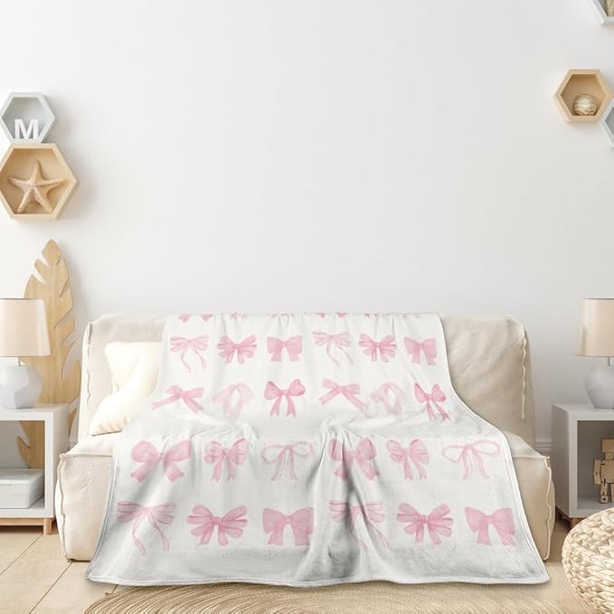 Coquette Pink Bow Blanket Cute Bow Christmas Throw Blanket Coquette Room Decor Large Trendy Preppy Coquette Blanket Couch Sofa Soft Warm Bed Blankets for Women Girls Gifts,60"x80"