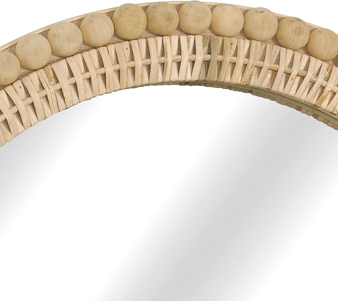 Arched Rattan Wall Mirror – 24x36 Inch Boho Elegance with Woven Frame and Wooden Bead Trim, Decorative Mirror for Bathroom Vanity Entryway Living Room