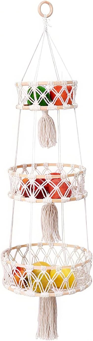 3-Tier Macrame Hanging Basket - Cotton Rope Fruit & Vegetable Storage Organizer, Boho Decor Kitchen Hanging Baskets with Hooks, Decorative Plant Holder for Home, Farmhouse, Grocery (Natural, 12")