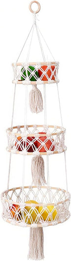 3-Tier Macrame Hanging Basket - Cotton Rope Fruit & Vegetable Storage Organizer, Boho Decor Kitchen Hanging Baskets with Hooks, Decorative Plant Holder for Home, Farmhouse, Grocery (Natural, 12")