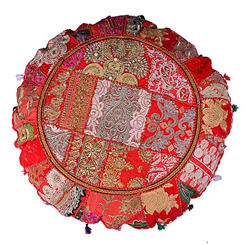 Rajasthani Handmade Colorful Decorative Floor Pillow Cover Meditation Patchwork Patchwork Cushion Seating Accent Boho Chic Indian Handmade Cover ONLY (Red, 32X32 Inches) - color: Red