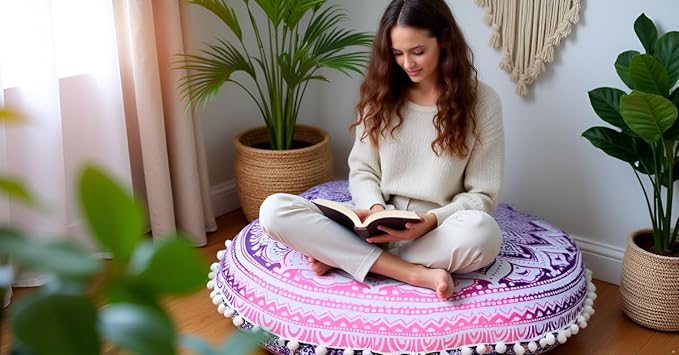 Round Mandala Floor Pillow Cover Seating Cushion Throw Ottoman Pouf Cover Pom Pom Pillow Cases Hippie Decorative Bohemian Boho Indian 22 Inches (Pink White)