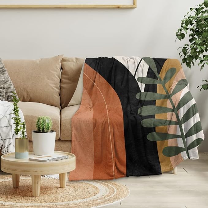 Boho Mid Century Blankets Black Geometric Throws Beige Abstract Modern Throw Blanket Minimalist Sun Soft Warm Bed Bedding Blankets for Couch Bedroom Sofa Office Cozy Flannel Blanket 50"X60"