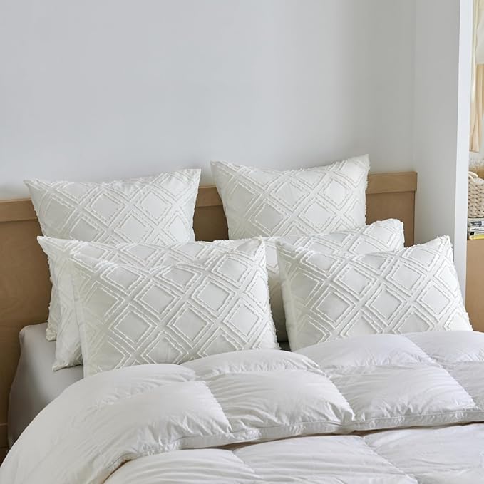 Queen Pillow Shams 2 Pack, Queen Size Pillowcases, Soft Microfiber Geometric Tufted Pillow Covers with Envelope Closure, Ivory, 20x30 Inches