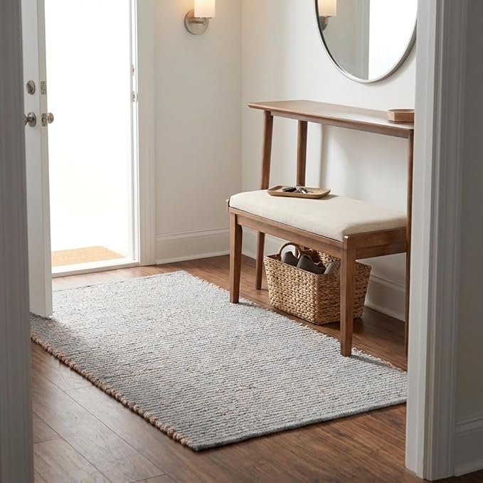 Light Gray 2X4 Handwoven Jute Cotton Mat – Reversible Natural Fiber Rug for Entryway, Bathroom, or Kitchen