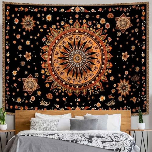 Kanuyee Mystical Sun Mandala Tapestry, Bohemian Celestial Wall Tapestry, Vintage Sunburst Tapestries for Room Decor, Artistic Tapestries 80"x60" - color: Brown Orange, size: 80"L x 60"W