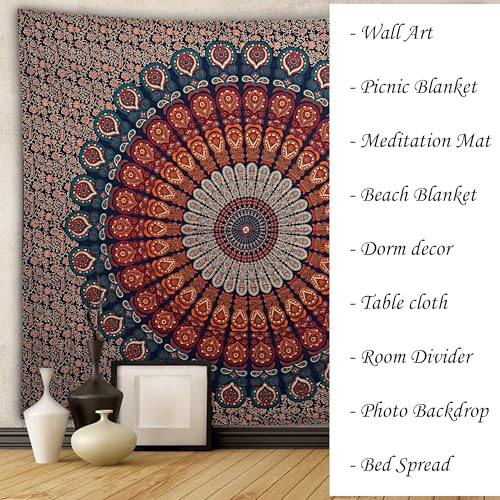 FURNISHFUL FINESSE Handmade Cotton Peacock Mandala Tapestry - Boho Wall Decor, Bohemian Hippie Room Hanging for Bedroom, Dorm & Living Room Aesthetic - 60x50 Inches, (Golden Blue) - color: Golden Blue, size: 60"L x 50"W