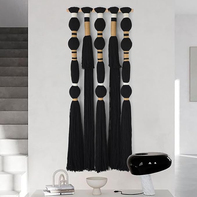Flber Macrame Wall Hanging Black Sphericity Cotton Tassels Textile Hanging Geometric Yarn Wall Art for Bedroom Living Room Decor 15.7" W x 39" L