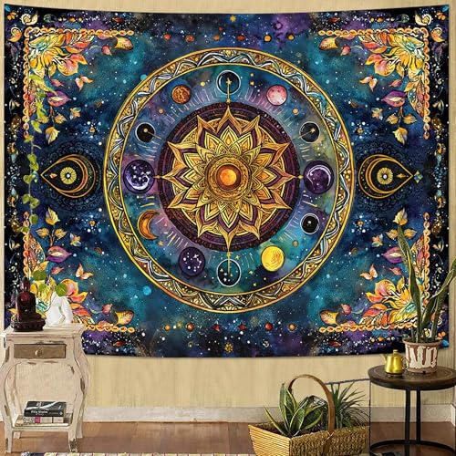 Lunerfex Mandala Solar System Tapestry Boho Tapestry for Bedroom Galaxy Tapestries Wall Hanging Living Room Wall Art and Home Decor 44x60 - color: Blue, size: 60"L x 44"W