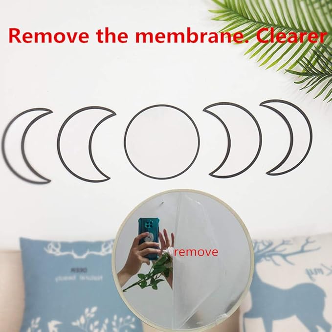 5 Pieces Scandinavian Natural Decor Acrylic Wall Decorative Interior Design Wooden Moon Phase Mirror Bohemian Wall Decoration for Home Living Room Bedroom - Not Real Mirror(Black)