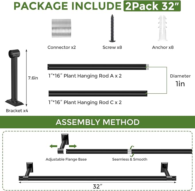 2 Pack Hanging Planters for Indoor Plants, 32 Inch Heavy Duty Plant Hanger Indoor, 1 Inch Diameter Metal Rod, Hanging Plant Holder for Window Wall, Matte Black, Square Flange Base, Pot Not Included