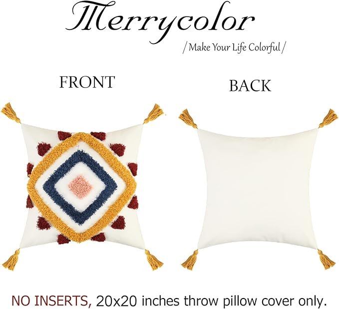 Merrycolor Boho Throw Pillow Covers 20 x 20 Modern Geometric Diamond Boho Pillows Decorative Throw Pillow Cases Yellow Blue Pink Soft Woven Tufted Pillow Cushion for Couch Sofa Bedroom Living Room