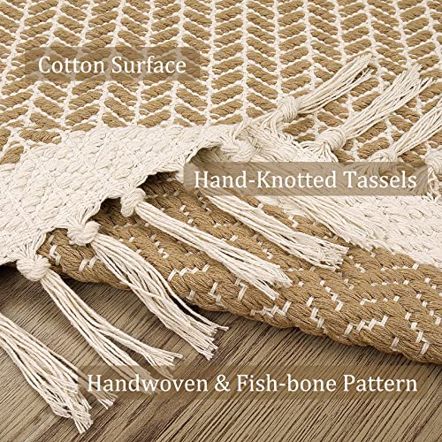 Lahome Boho Bathroom Rugs, Small 2x3 Front Door Mat Lightweight Kitchen Rug Woven Cotton Area Rug with Tassels, Farmhouse Non Shedding Washable Throw Rug Low Pile Carpet for Entry Laundry, Khaki - color: Khaki, size: 2' x 3' (Rectangular)
