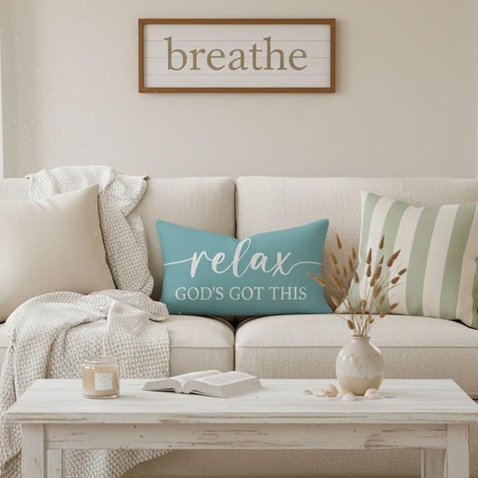 Decorative Throw Pillow Covers 12x20 Inch Set of 2 – Turquoise Christian Lumbar Pillowcase – Give It to God and Go to Sleep/Relax God’s Got This – Beach Faith Bedroom Bed Decor