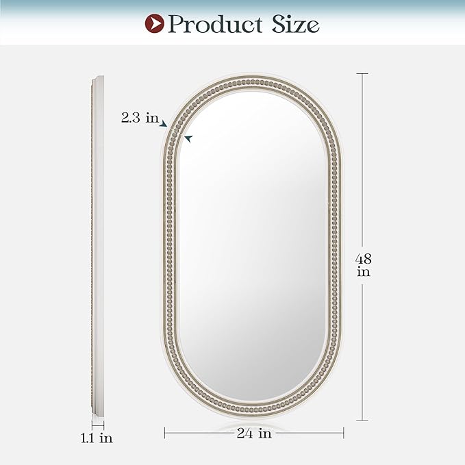 Farmhouse Boho Beaded Oval Arched Wall Mirror, 24" x 48" Rustic Wooden Large Wall Mirror for Bathroom, Bedroom, Entryway, Living Room, Hang Horizontally or Vertically.