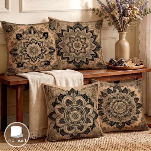 OBSEDE Vintage Black Mandala Decorative Throw Pillow Covers 18x18 Set of 4 Faux Linen Cushion Cases Single-Sided Print Retro Dark Boho Accent Pillows for Couch Sofa - color: Vintage Black Mandala