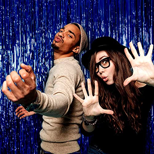 4 Pack Blue Foil Fringe Curtain Backdrop, 3.28Ftx8.2Ft Metallic Tinsel Streamers for Sea Party, Photo Booth Props, Birthday, 2022 Summer Ocean Theme Party Decoration Supplies - color: Blue
