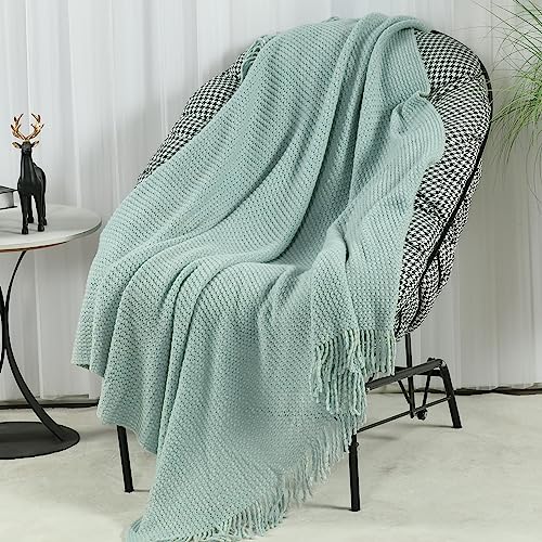 Blagic Knitted Throw Blanket for Couch, Soft Farmhouse Throw Blanket with Tassels,Home Decorative Lightweight Blankets,Spring Throws for Bed/Chair/Sofa,Wheat Textured (Light Blue&White,50" W x 60" L) - color: I-blue & White, size: 50 × 60 in
