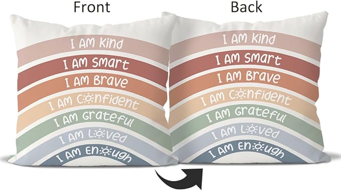 QIYUHOY Kids Classroom Reading Corner Rainbow Throw Pillow Covers 18x18, Positive Affirmations Pillow Case Decor for Calming Corner Cozy Corner Nursery Toddler Room Playroom