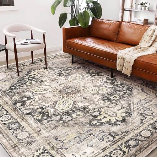 CHAMPLANT Washable Area Rug 10'x14' Black-Purple Khaki Retro Flowers Boho Design Non-Shedding Easy Care Ideal for High Traffic Areas in Living Room Bedroom Office Coffee Table Kitchen Large Carpet - color: Black-purple Khaki, size: 10' x 14' (Rectangular)
