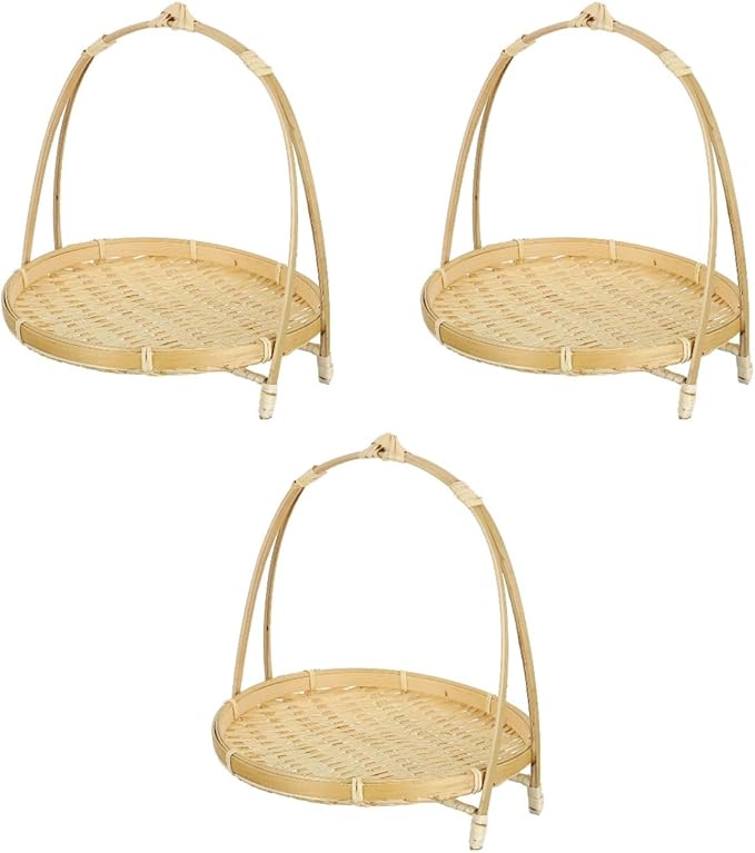 PRETYZOOM 3pcs Bamboo Food Serving Tray with Handle: 7.5 x 7.5 x 8.6 Inch Shallow Bamboo Basket Fruit Snack Food Storage Woven Basket Display Rack