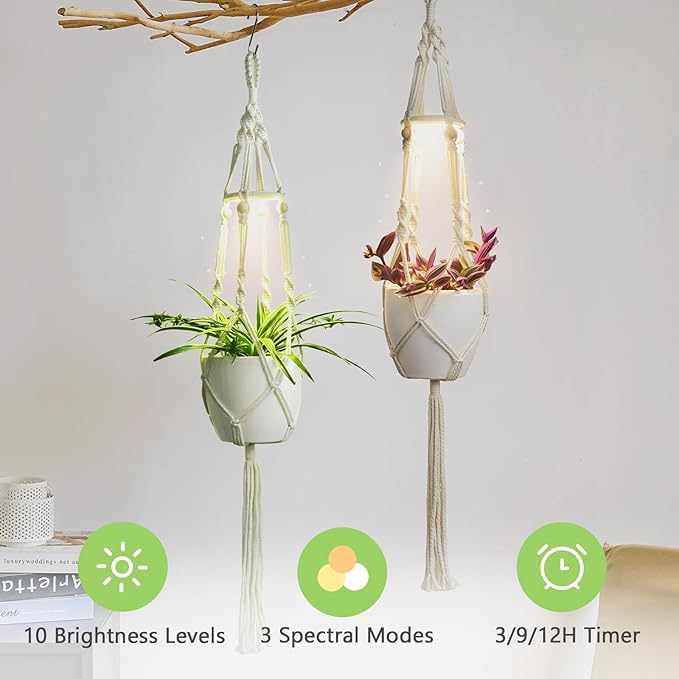 2 Pack Macrame Plant Hanger with Grow Light: Sturdy Hanging Planters for Indoor Plants, Cute Plant Holder with Plant Light, Perfect for Different Size Pots (Daylight Spectrum)
