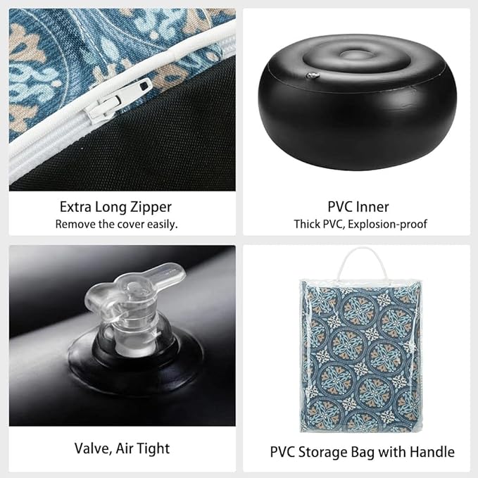 Magpie Fabrics Indoor/Outdoor Inflatable Stool Ottoman Pouf, Water Repellent Round Footrest Footstool with Foot Pump D20 xH9, Portable for Patio Garden Travel Camping or Home, Morgan Medal Blue