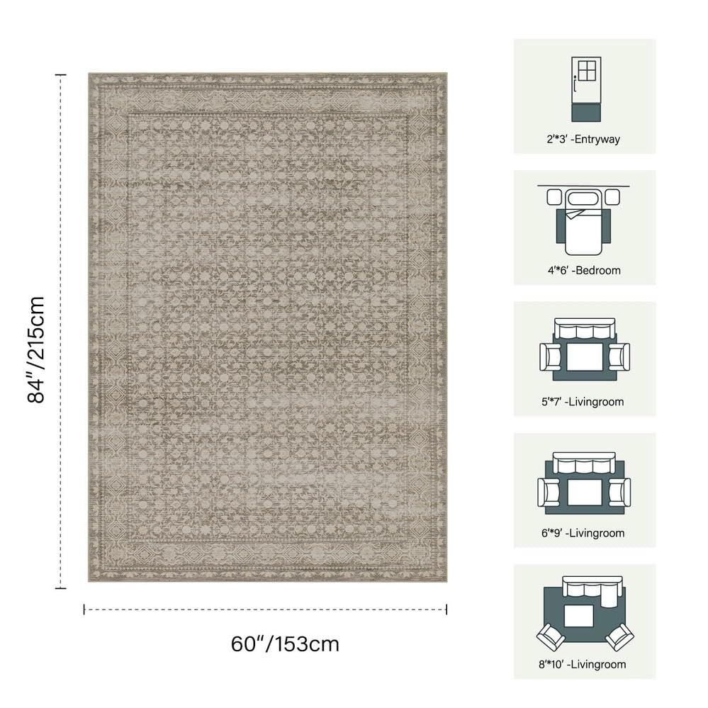 Area Rugs 5x7, Washable Rugs for Living Room, Vintage Boho Rug for Office, Dining Room, Kids Room and Farmhouse, Durable Low Pile Non-Slip Area Rug for High Traffic Areas(Apricot) - color: Apricot, size: 5' x 7' (Rectangular)