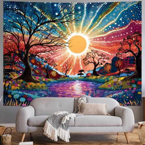 Serborlur Tree of Life Tapestry Trippy Sun Forest Tapestries Colorful Starry Sky Tapestries Hippie Nature Landscape Wall Tapestry Aesthetic Vintage Wall Hanging for Living Room Bedroom (70.8" x 92.5") - size: W92.50"×H70.80"