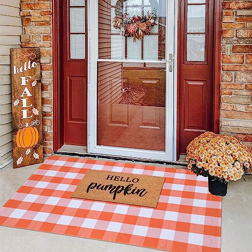 Fall Plaid Area Rug 4x6 Ft, Orange and White Buffalo Check Large Farmhouse Cotton Rug, Hand-Woven Washable Indoor Outdoor Carpet for Halloween Thanksgiving Autumn Porch Patio Decor - color: Orange & White, size: 4' x 6' (Rectangular)
