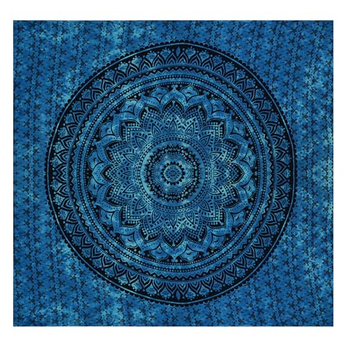 FURNISHFUL FINESSE Hand Block Printed Cotton Mandala Wall Tapestry - Blue Ombre Boho Wall Decor, Bohemian Hippie Room Hanging for Bedroom, Dorm & Living Room Aesthetic - 90X108, Blue - color: Blue, size: 108"L x 90"W