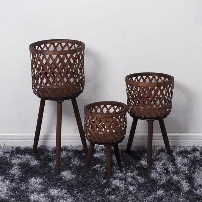 Nordic Style Rattan Flower Pot Indoor Balcony Living Room Plant Green Flowers Hand-Woven Wooden Tall Floor Flower Stand (Brown, 9.7x17inch(24.5x43cm))