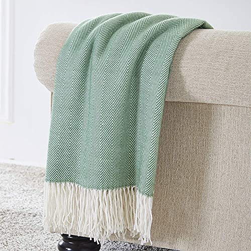 BOURINA Herringbone Tone Throw Blanket Faux Cashmere Fringe Soft Lightweight Cozy for Bed Couch Decorative Throws Blanket, Green 50" x 60" - color: Green, size: 50"x60"