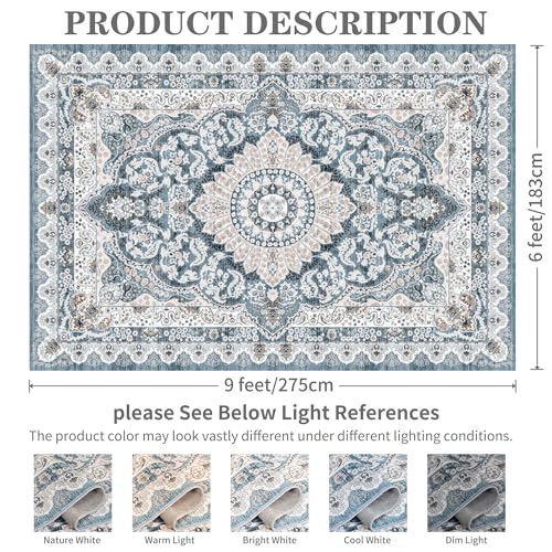 Foxmas 6x9 Area Rugs for Living Room, Machine Washable Vintage Rug, Non-Slip Low Pile Throw Rugs with Rubber Backing Washable Carpet for Bedroom Dining Room Kitchen Home Decor, Blue - color: Blue, size: 6' X 9' (Rectangular)
