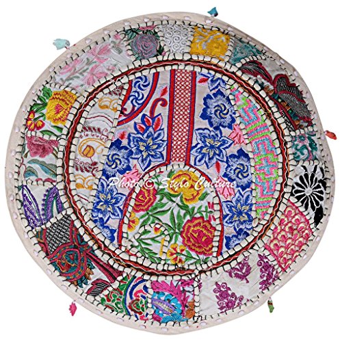 Indian Footstool Cotton Bohemian Decor Round Stool White Patchwork Embroidered Ottoman Pouf Cover Floral Tuffet Chair 45 cm Floor Cushion Ethnic Bean Bag Living Room - color: White