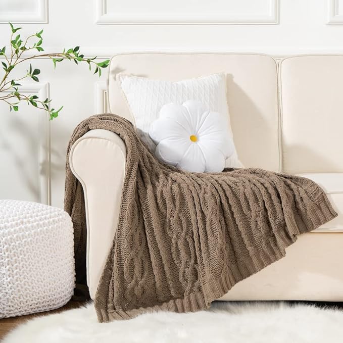 Battilo Camel Tan Throw Blanket for Couch,51"x67", Cable Chenille Knitted Throw Blankets for Bed, Sofa, Chair,Living Room, Soft Cozy Thick Warm Decorative Textured Blanket.