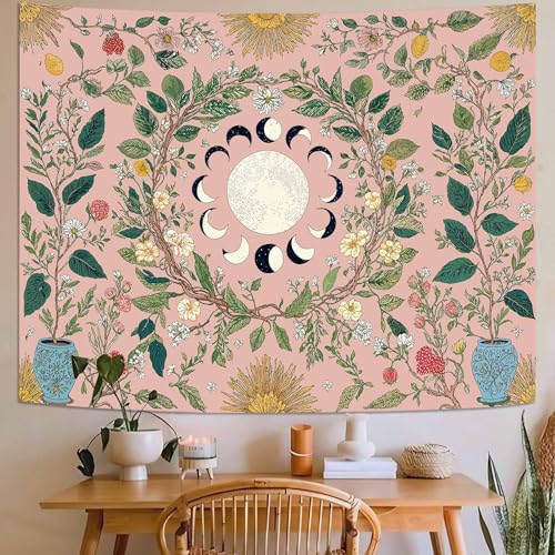 Wegklazax Moon Phases & Floral Tapestry, Aesthetic Botanical Wall Art for Room Decor, Pink Bohemian Home Decor 60" L x 44" W - color: Pink, size: 60"L x 44"W