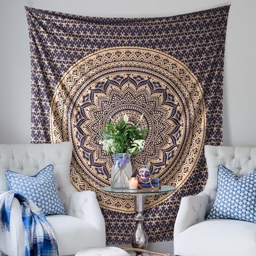 THE ART BOX Blue Gold Ombre Tapestry Wall Hanging Mandala – Bohemian Room Decor – Cotton Throw Tapestry – Boho Bedding Queen Bedspread 55x82 Inches - color: Gold and Blue, size: 55"L x 82"W
