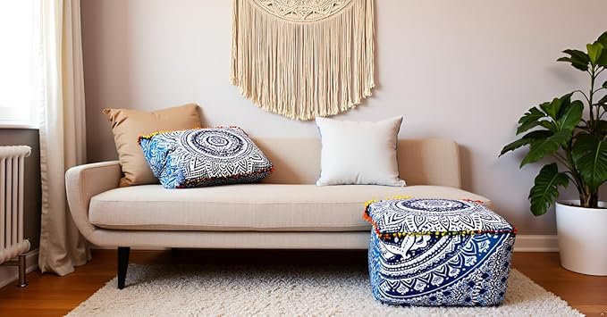 CRAFT KALA Indian Square Patchwork Traditional Pouf Cover Indian Living Room Poufs Cover Decorative Designer Ottoman Pom Pom Home Living Footstool Chair Cover Ottoman Decor 22X22X14 inches, Blue Ombre