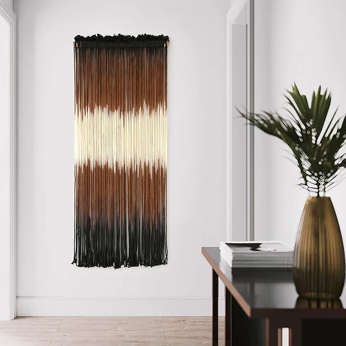 Macrame Wall Hanging Brown Boho Hand Woven Tassel Yarn Tapestry Wall Art for Living Room Bedroom Fiber Art 15''W*39''L