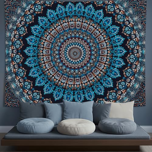 Motanber Blue Mandala Tapestry Wall Hanging Vintage Medallion Tapestry Aesthetic Hippie Boho Floral Cool Cute Small Tapestries for Bedroom Living Room Dorm Decor 60 x 44 Inch - color: Navy Blue, size: 60"L x 44"W