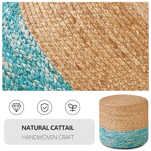 Wimarsbon 2Pcs Pouf Ottomans, Natural Seagrass Foot Stool, Hand Weaving Round Ottoman, Boho Decorative Seat, Jute Braided Pouffe Poof Accent Sitting Footrest for Living Room (18inch 68LK) - color: 18inch Water Hyacinth Braid & Teal Corn Shell