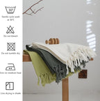 Simple&Opulence Boho Linen Throw Blanket for Bed, Couch, 50”x70” Pre-Washed Fringed Vintage Decorative Woven Blanket with Tassels, Breathable Durable Cozy Farmhouse Decor for All Seasons(Olive Green)