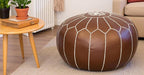 Stuffed Round Design Moroccan Leather Pouf Ottoman, Handmade, Pre-Filled, 100% Genuine Leather, 13” Height x 20” Diameter, Footstool & Living Room Décor (Metallic Bronze)
